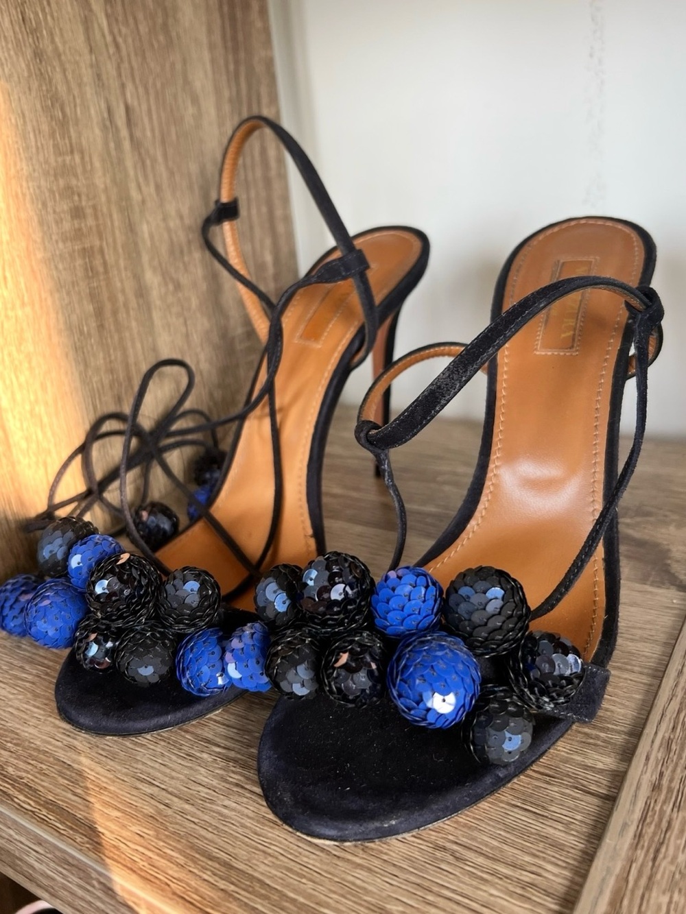 Aquazzura Strappy Heels with Blue and Black Sequin Pom Embellishments